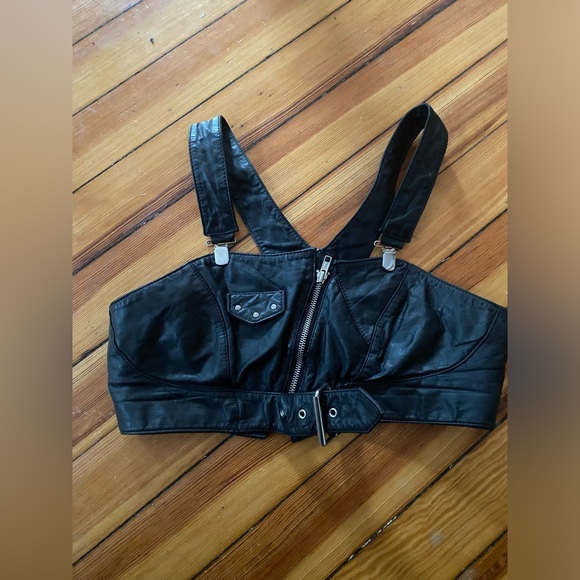 Vintage 80s CHIA Black Leather Moto Bra Top Motorcycle Punk M - Picture 2 of 7